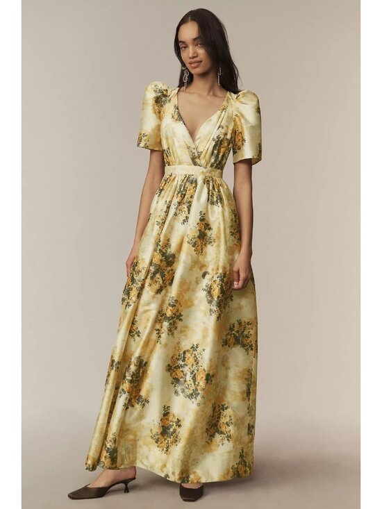 BHLDN Dresses & Skirts - Anthropologie BHLDN Aurora Puff-Sleeve Taffeta Maxi Wedding Guest Dress 10